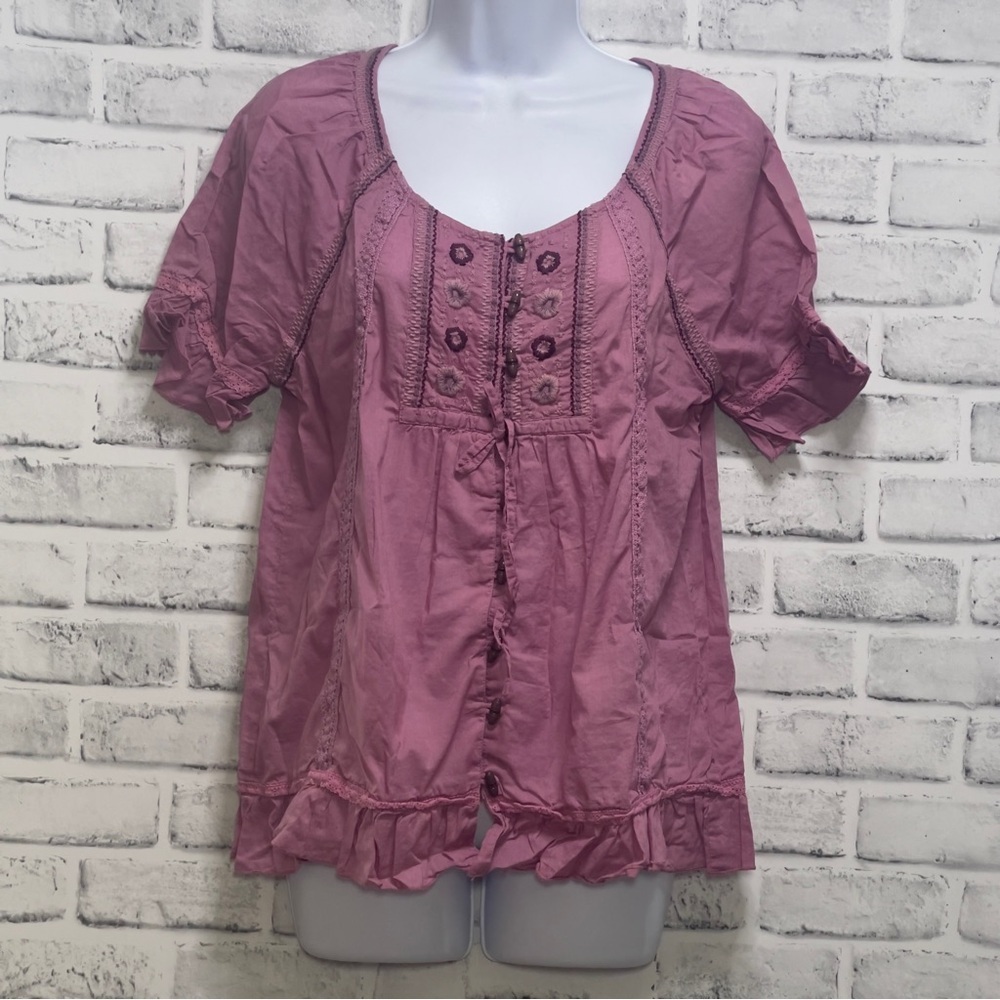 Vintage America Jeans Barrel Button Embroidered Ruffled Hem Blouse Small - Picture 2 of 6